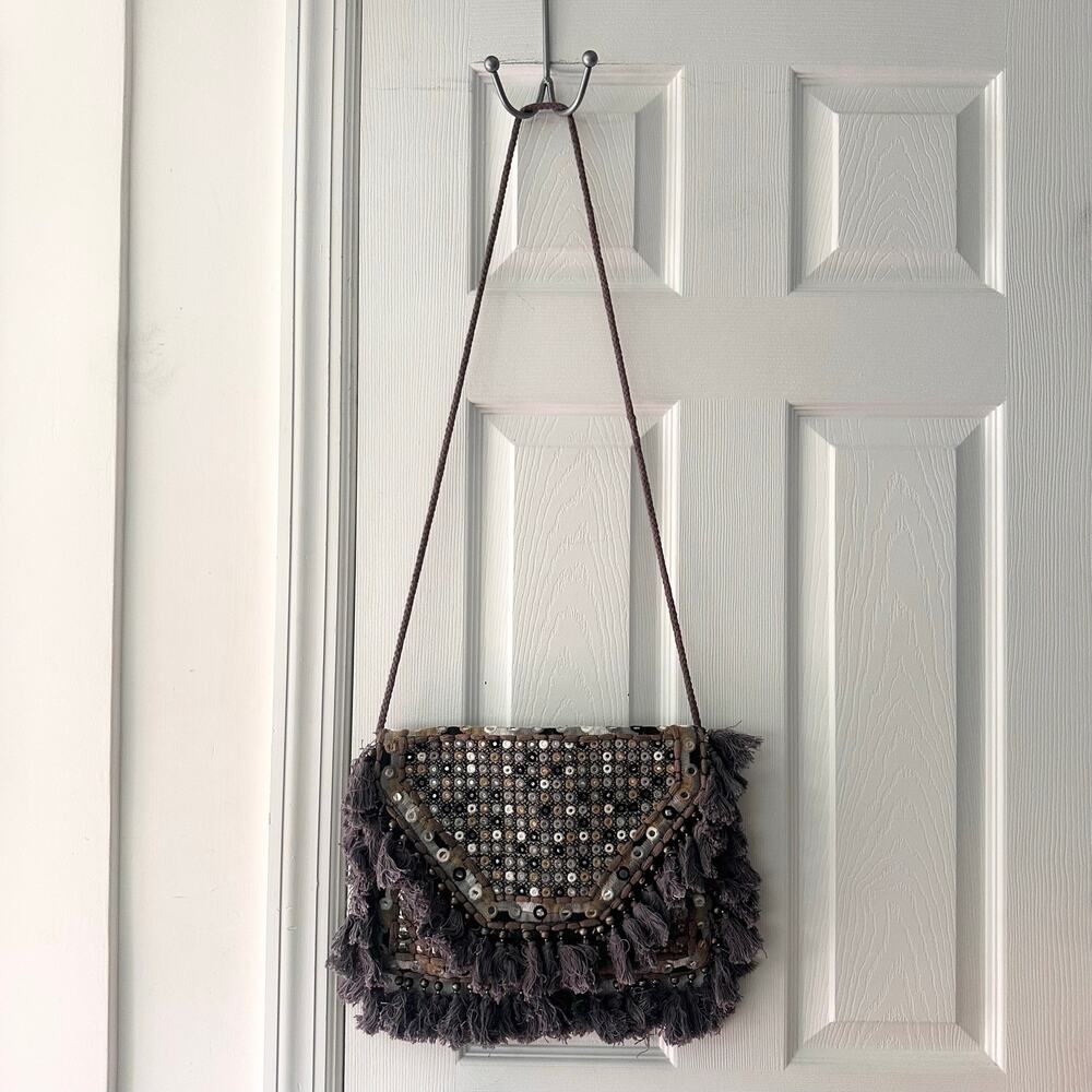 ibBan Anthropologie Gray Boho Crossbody Fringe Tassel Trim Bag Sequins Resort